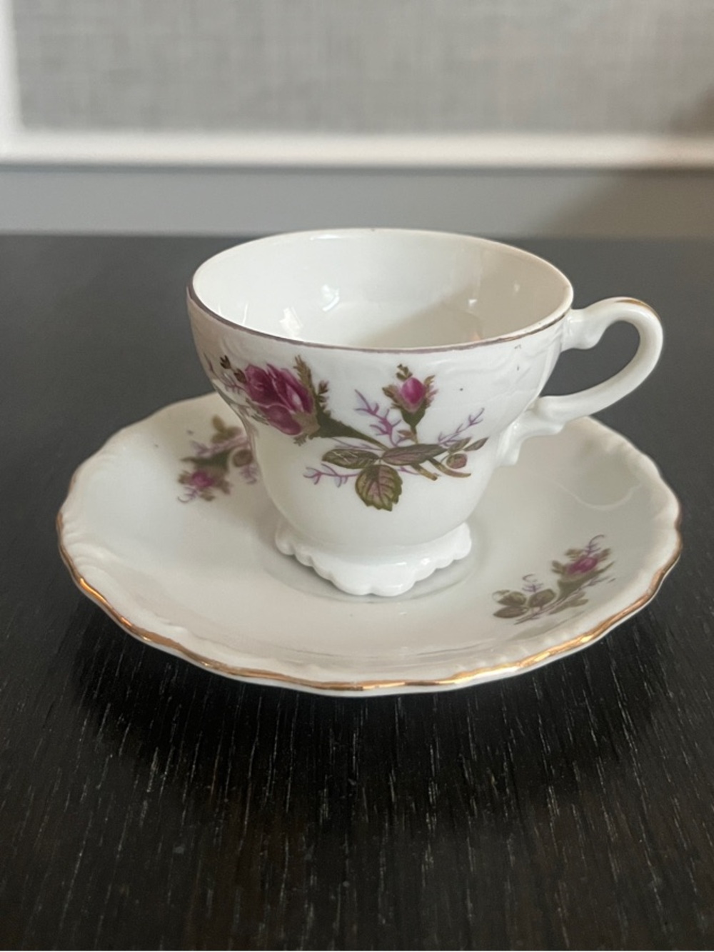 Vintage Floral Porcelain Teacup and Saucer - White with Pink Rose Accents